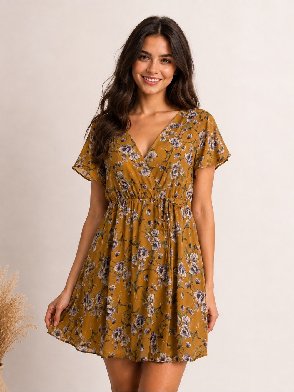 IJOAH Mustard Floral Wrap Style Dress Size Small